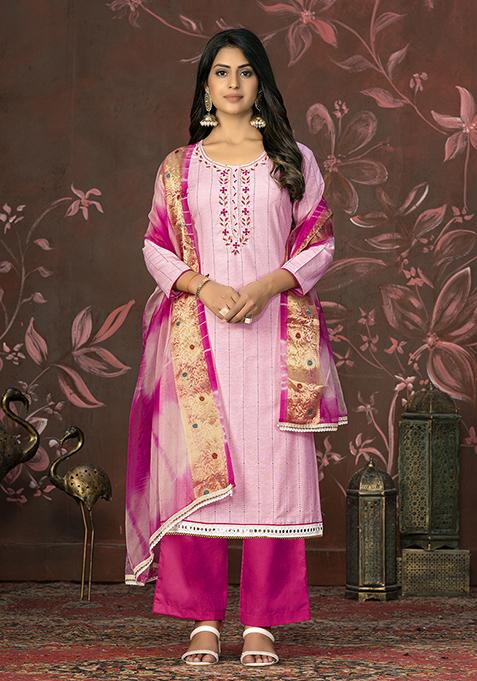 Pink Hand Embroidered Cambric Cotton Kurta Set