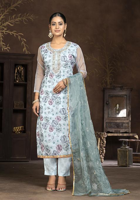 Grey Hand Embroidered Organza Kurta Set