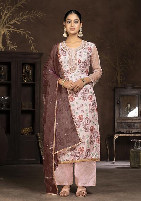 Peach Hand Embroidered Organza Kurta Set