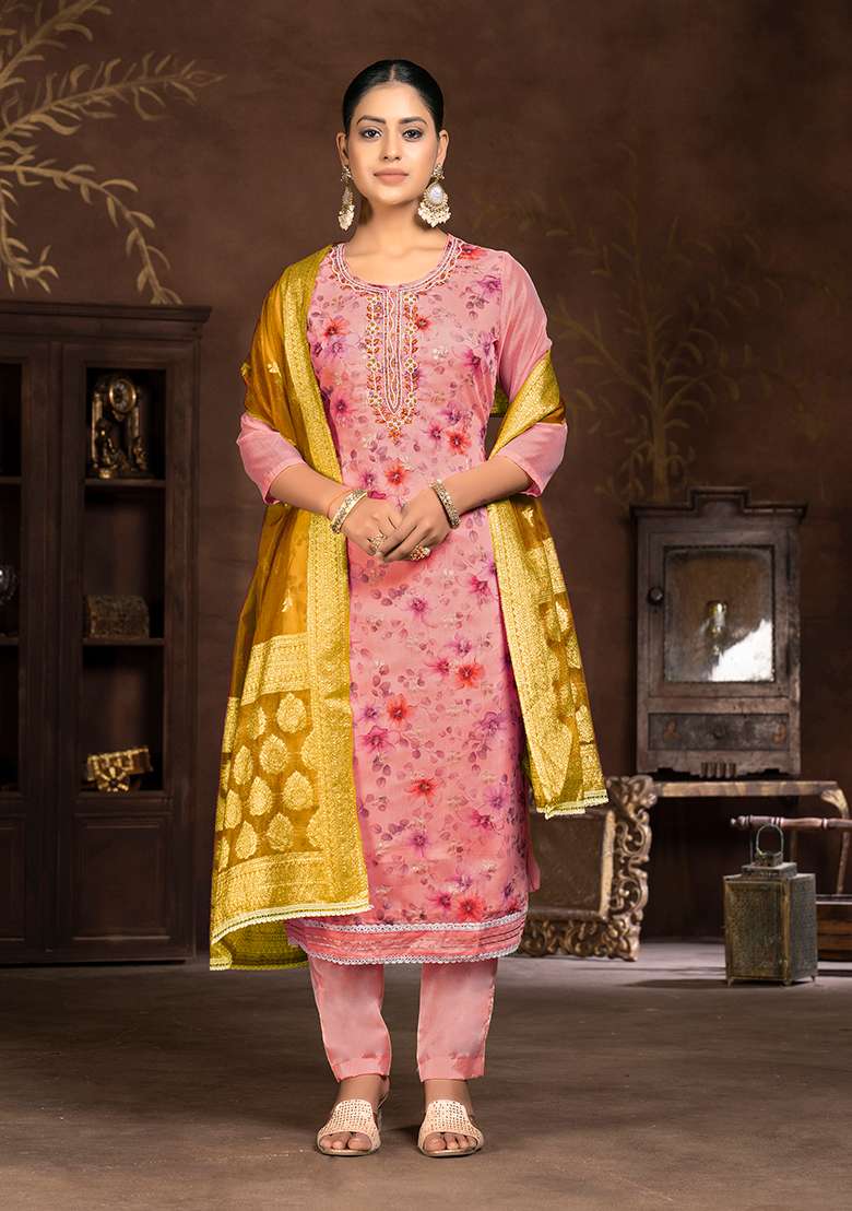 Pink Hand Embroidered Art Silk Kurta Set - Indya