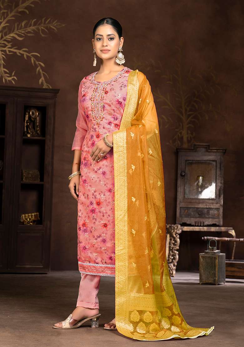 Pink Hand Embroidered Art Silk Kurta Set - Indya