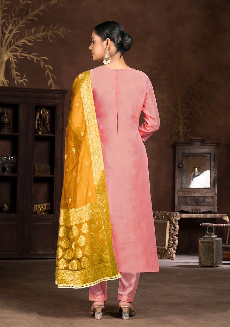 Pink Hand Embroidered Art Silk Kurta Set - Indya