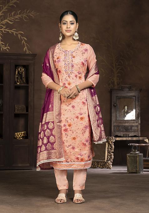 Peach Hand Embroidered Art Silk Kurta Set