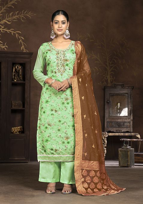 Green Hand Embroidered Art Silk Kurta Set