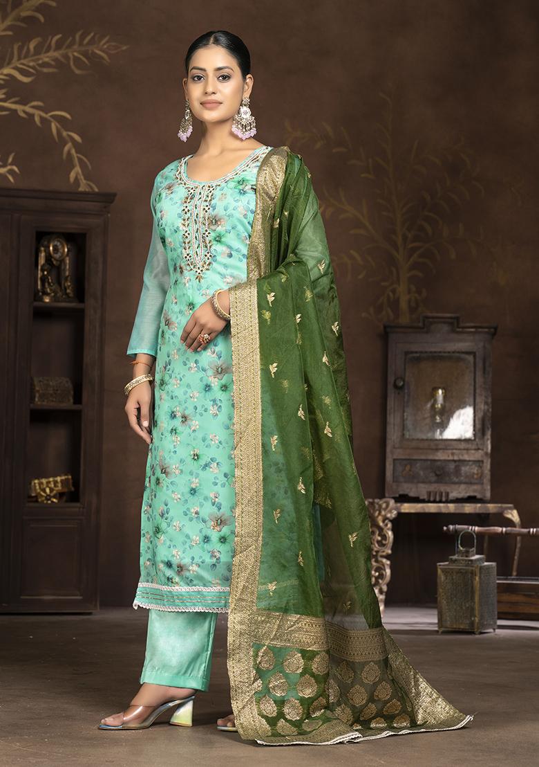 Blue Hand Embroidered Art Silk Kurta Set - Indya