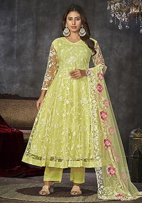 Light Yellow Embroidered Net Anarkali Kurta Set