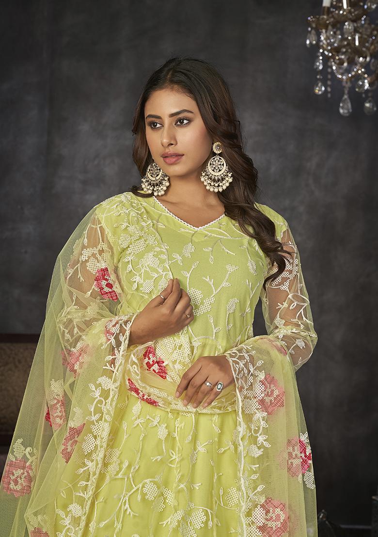 Light Yellow Embroidered Net Anarkali Kurta Set