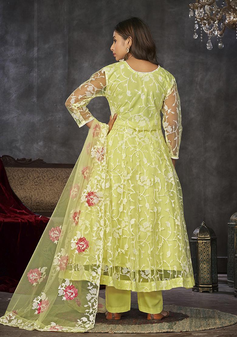 Light Yellow Embroidered Net Anarkali Kurta Set
