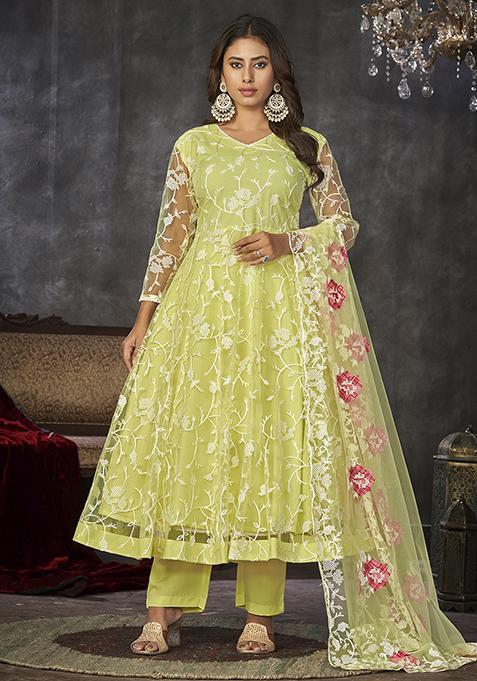 Light Yellow Embroidered Net Anarkali Kurta Set