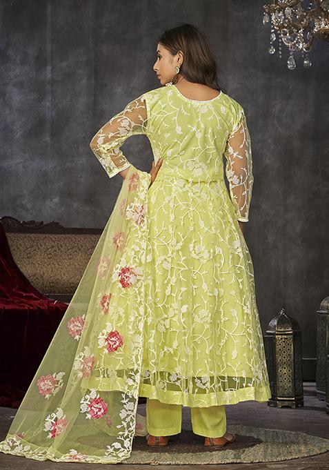 Light Yellow Embroidered Net Anarkali Kurta Set