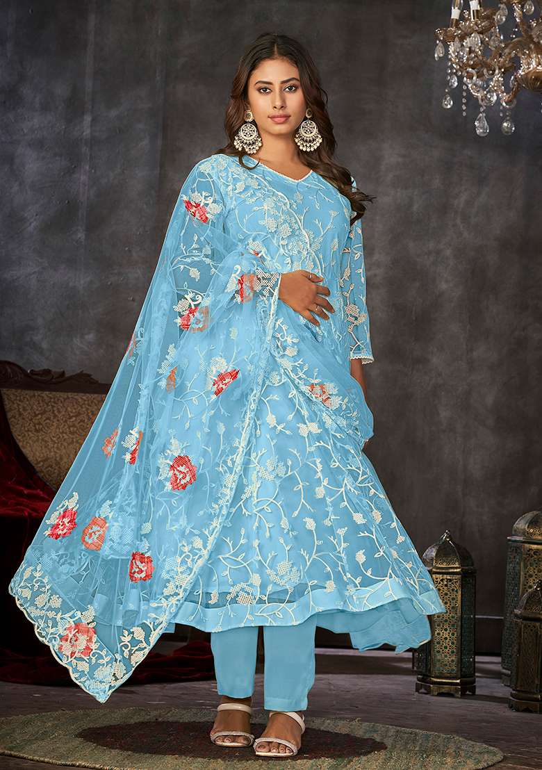 Sky Blue Embroidered Net Anarkali Kurta Set - Indya