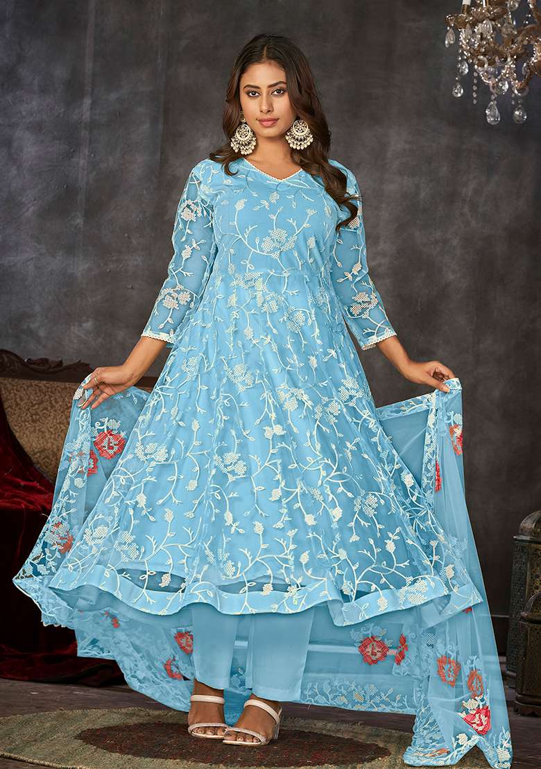 Sky Blue Embroidered Net Anarkali Kurta Set - Indya