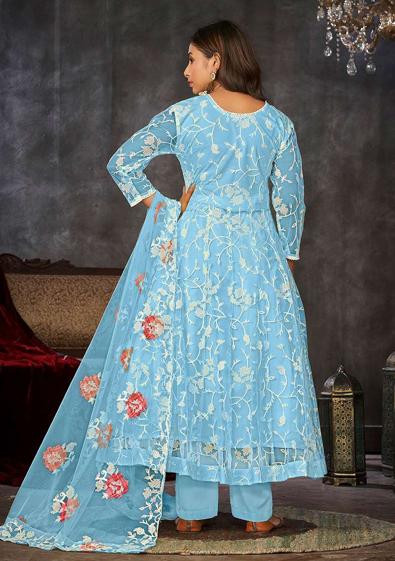 Sky Blue Embroidered Net Anarkali Kurta Set - Indya