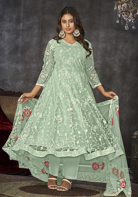 Pista Green Embroidered Net Anarkali Kurta Set