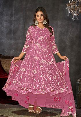 Pink Embroidered Net Anarkali Kurta Set