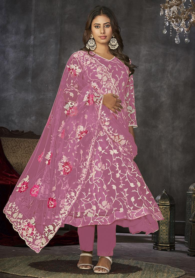 Pink Embroidered Net Anarkali Kurta Set