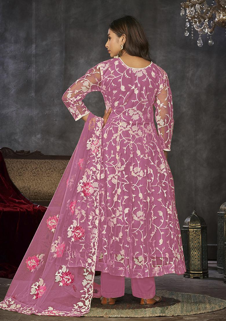 Pink Embroidered Net Anarkali Kurta Set