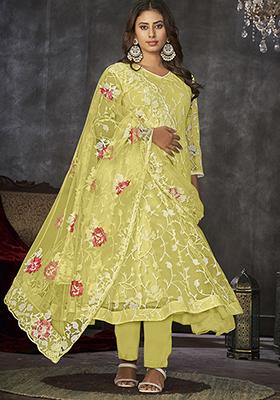 Yellow Embroidered Net Anarkali Kurta Set