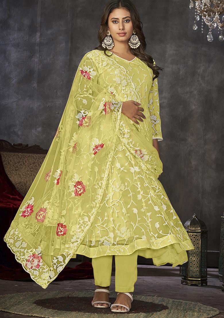 Yellow Embroidered Net Anarkali Kurta Set