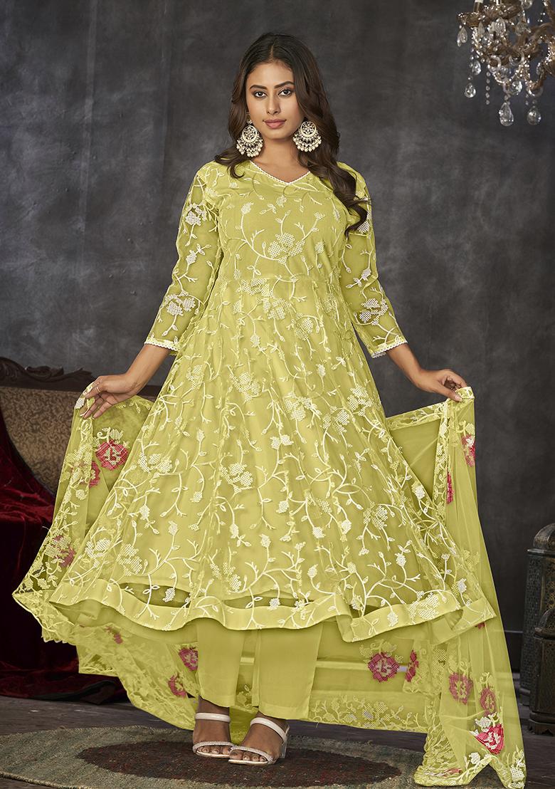 Yellow Embroidered Net Anarkali Kurta Set