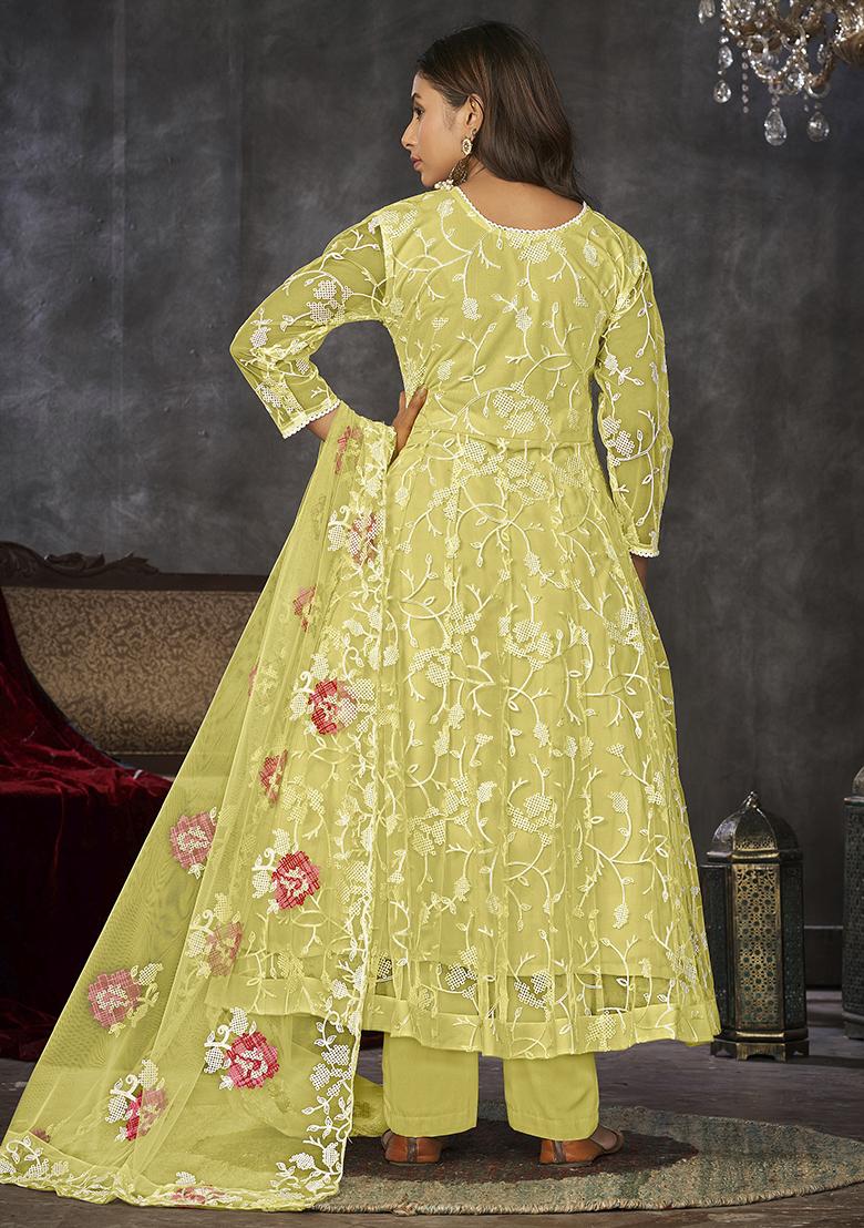 Yellow Embroidered Net Anarkali Kurta Set
