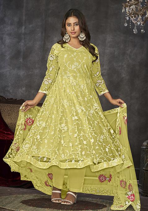 Yellow Embroidered Net Anarkali Kurta Set