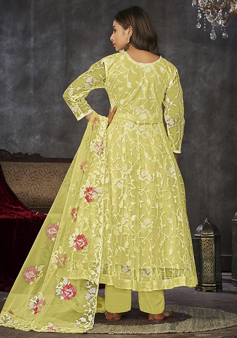 Yellow Embroidered Net Anarkali Kurta Set