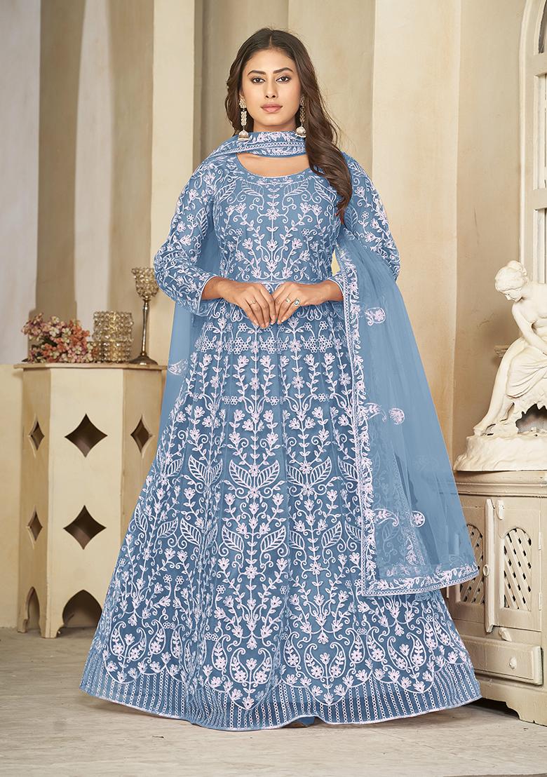 Sky Blue Embroidered Net Anarkali Gown Set
