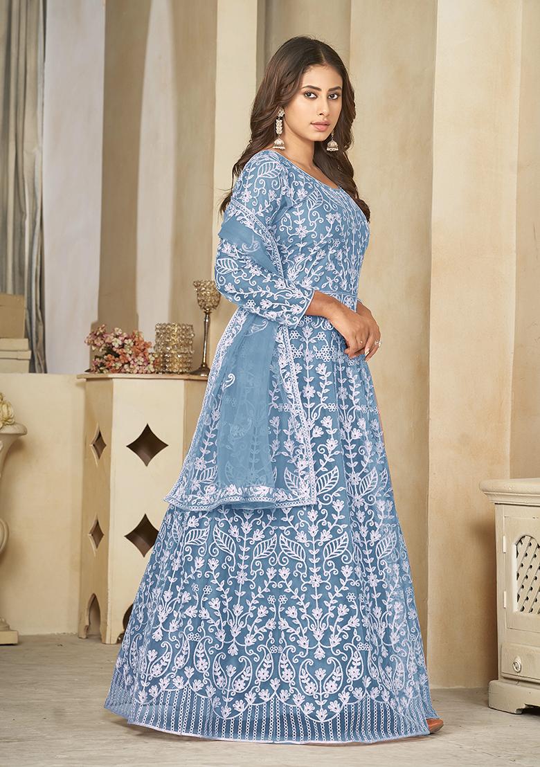 Sky Blue Embroidered Net Anarkali Gown Set