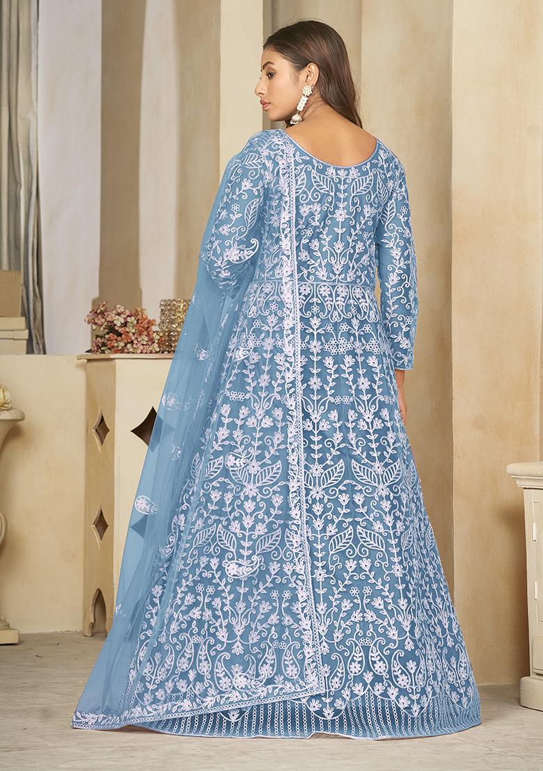Sky Blue Embroidered Net Anarkali Gown Set