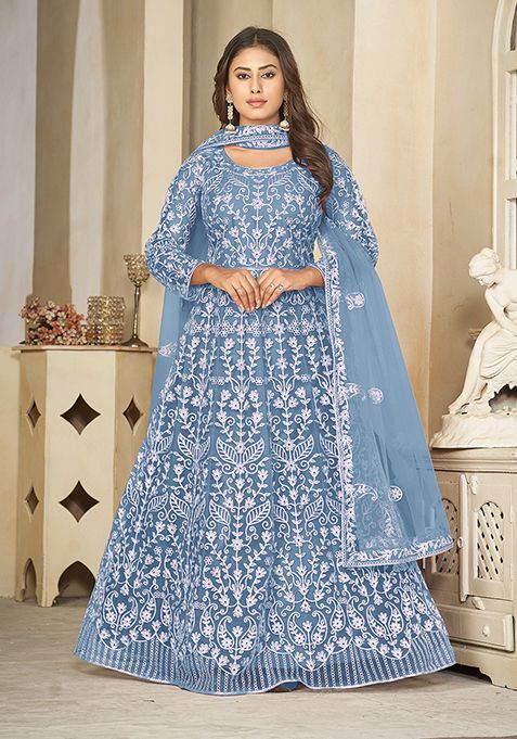 Sky Blue Embroidered Net Anarkali Gown Set