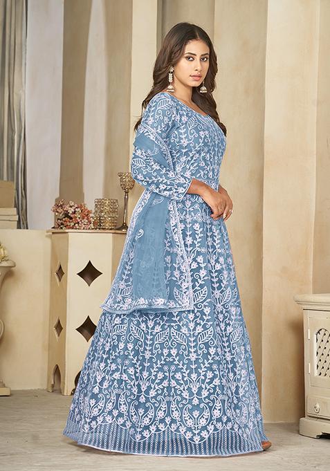Sky Blue Embroidered Net Anarkali Gown Set