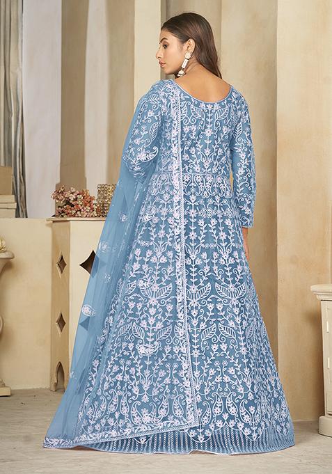 Sky Blue Embroidered Net Anarkali Gown Set
