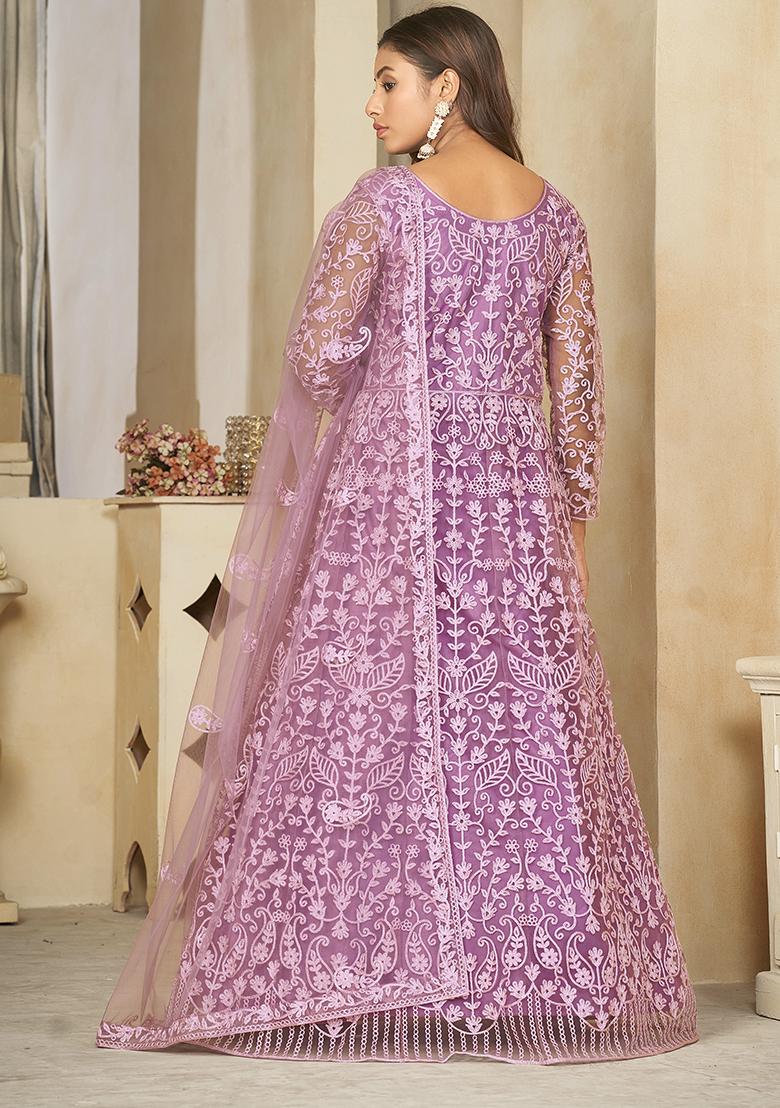 Purple Embroidered Net Anarkali Gown Set