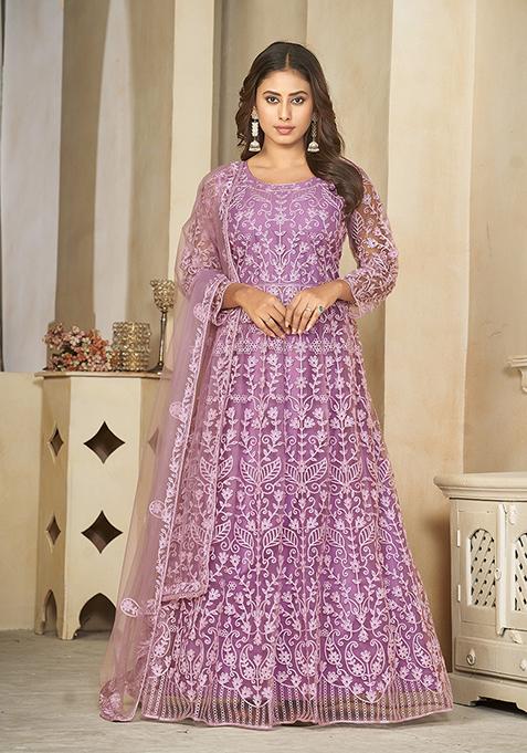 Purple Embroidered Net Anarkali Gown Set