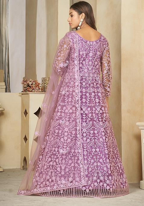 Purple Embroidered Net Anarkali Gown Set