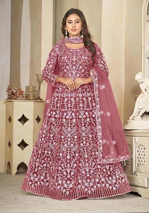 Rust Embroidered Net Anarkali Gown Set