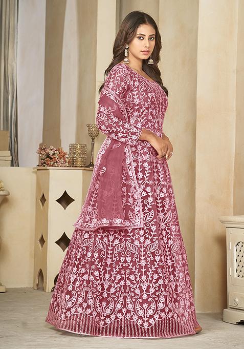 Buy Women Rust Embroidered Net Anarkali Gown Set - XKS02615 - Fits for ...