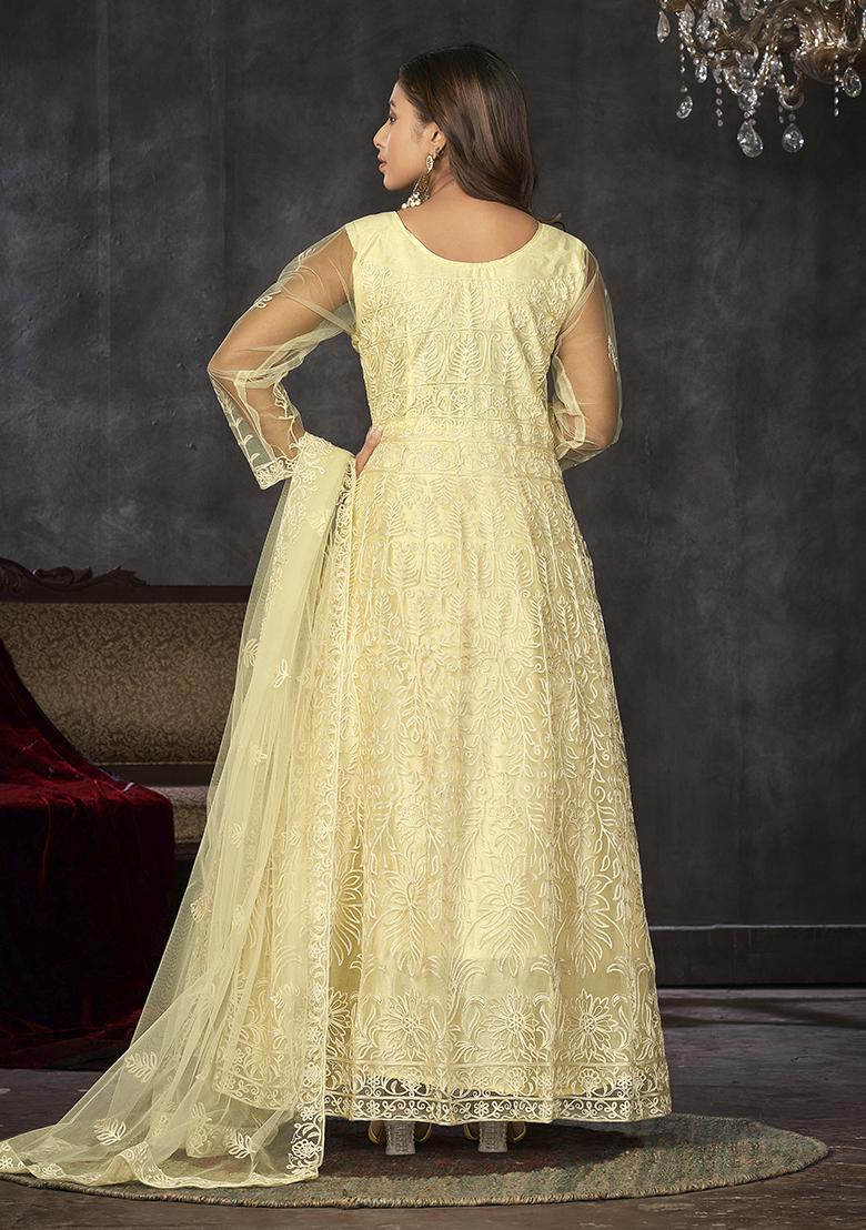 Light Yellow Embroidered Net Anarkali Gown Set