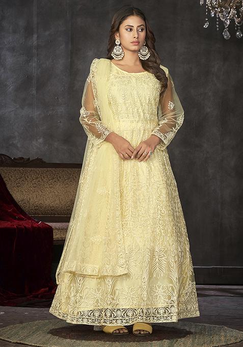 Light Yellow Embroidered Net Anarkali Gown Set