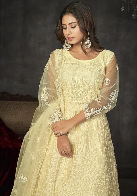 Light Yellow Embroidered Net Anarkali Gown Set