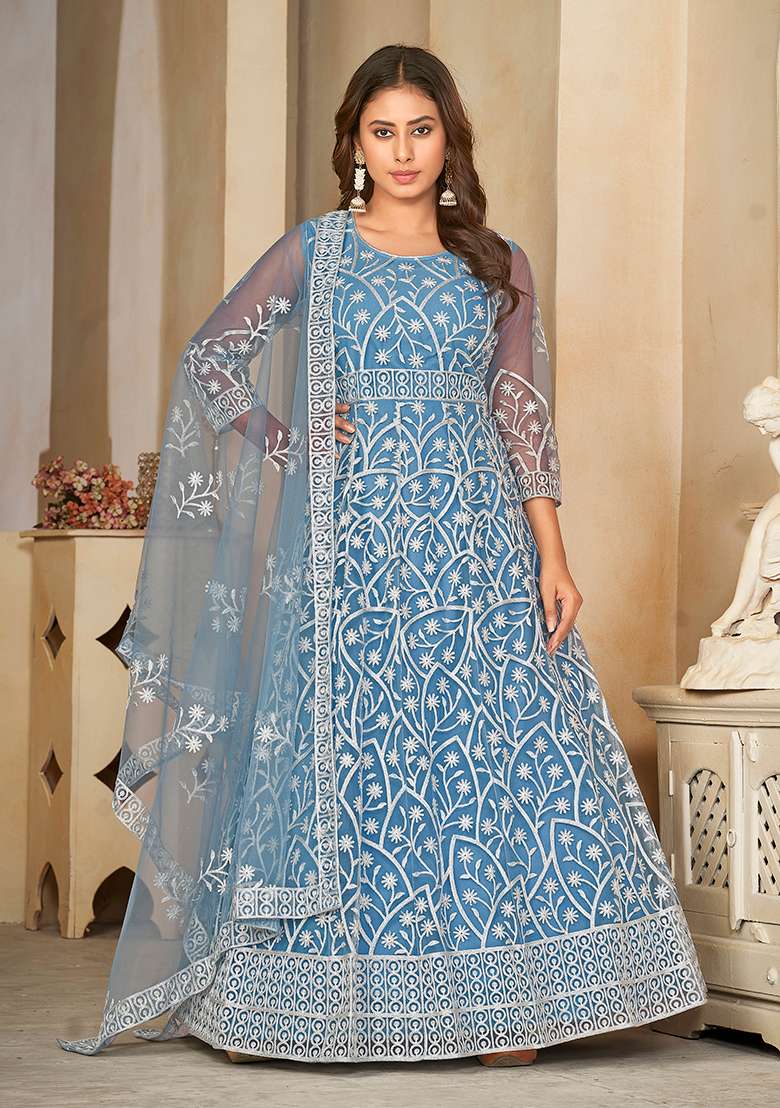 Sky Blue Embroidered Net Anarkali Kurta Set - Indya