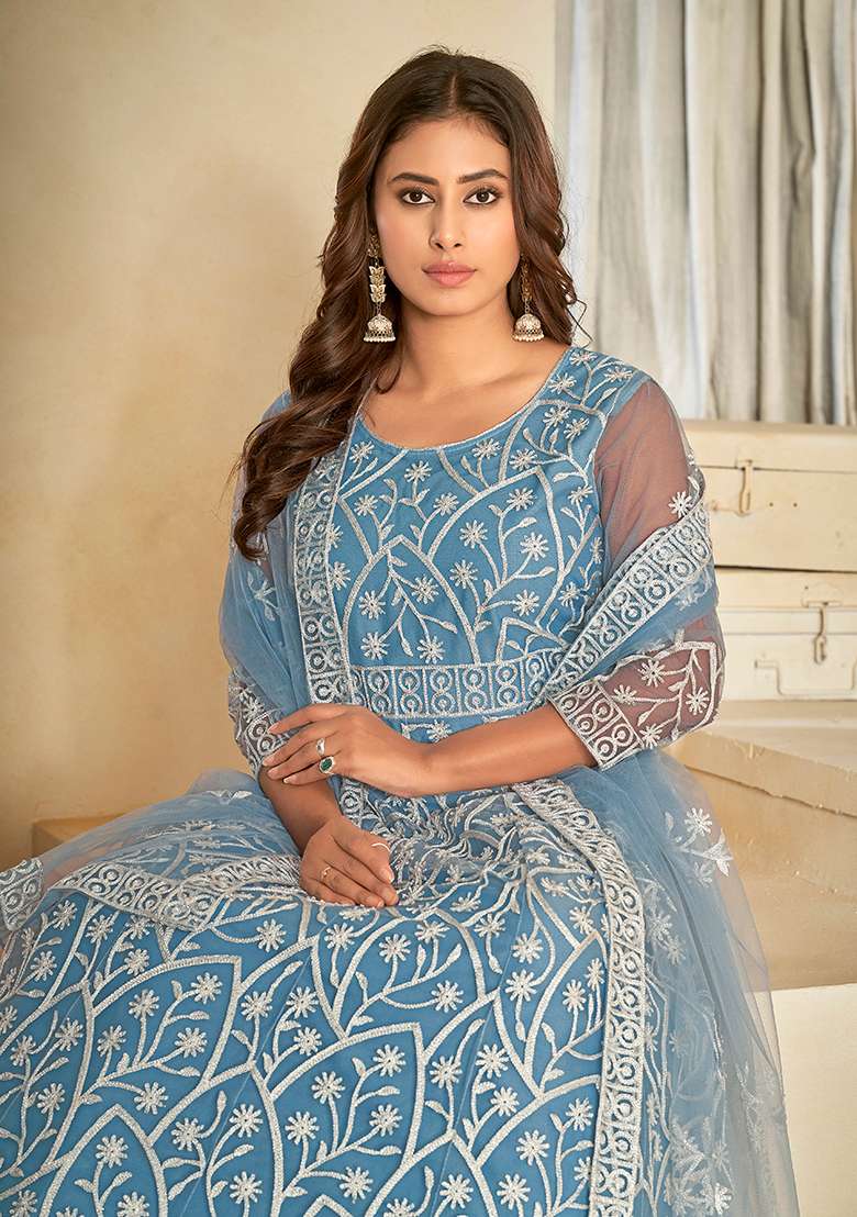 Sky Blue Embroidered Net Anarkali Kurta Set - Indya