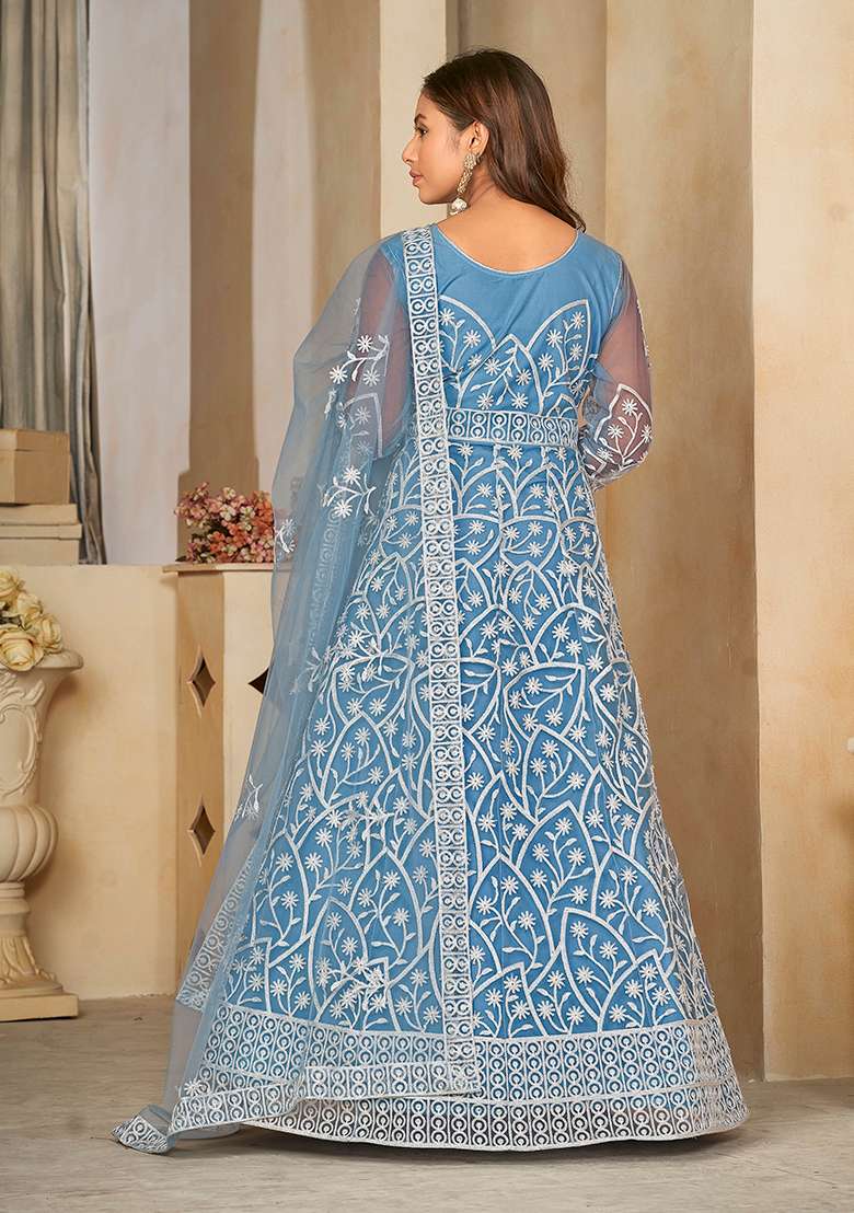 Sky Blue Embroidered Net Anarkali Kurta Set - Indya