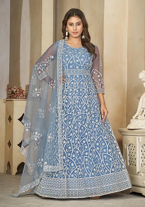 Sky Blue Embroidered Net Anarkali Kurta Set