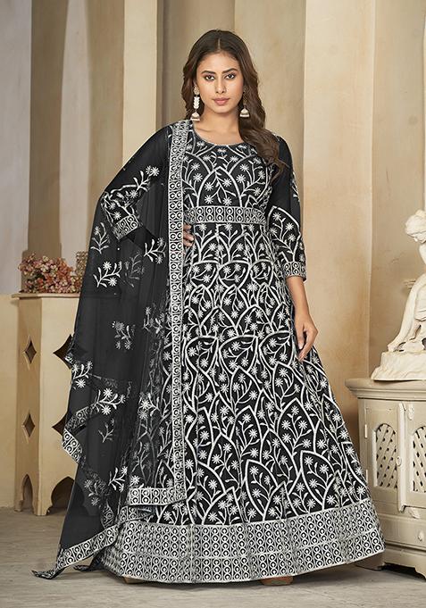 Black Embroidered Net Anarkali Kurta Set