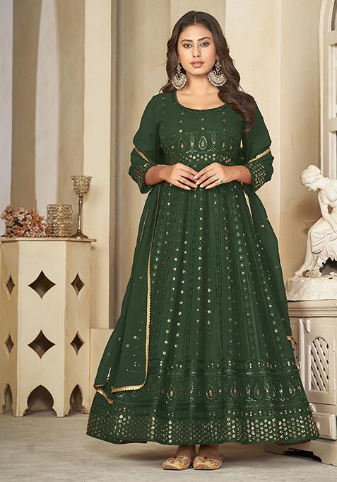 Green Embroidered Georgette Anarkali Kurta Set