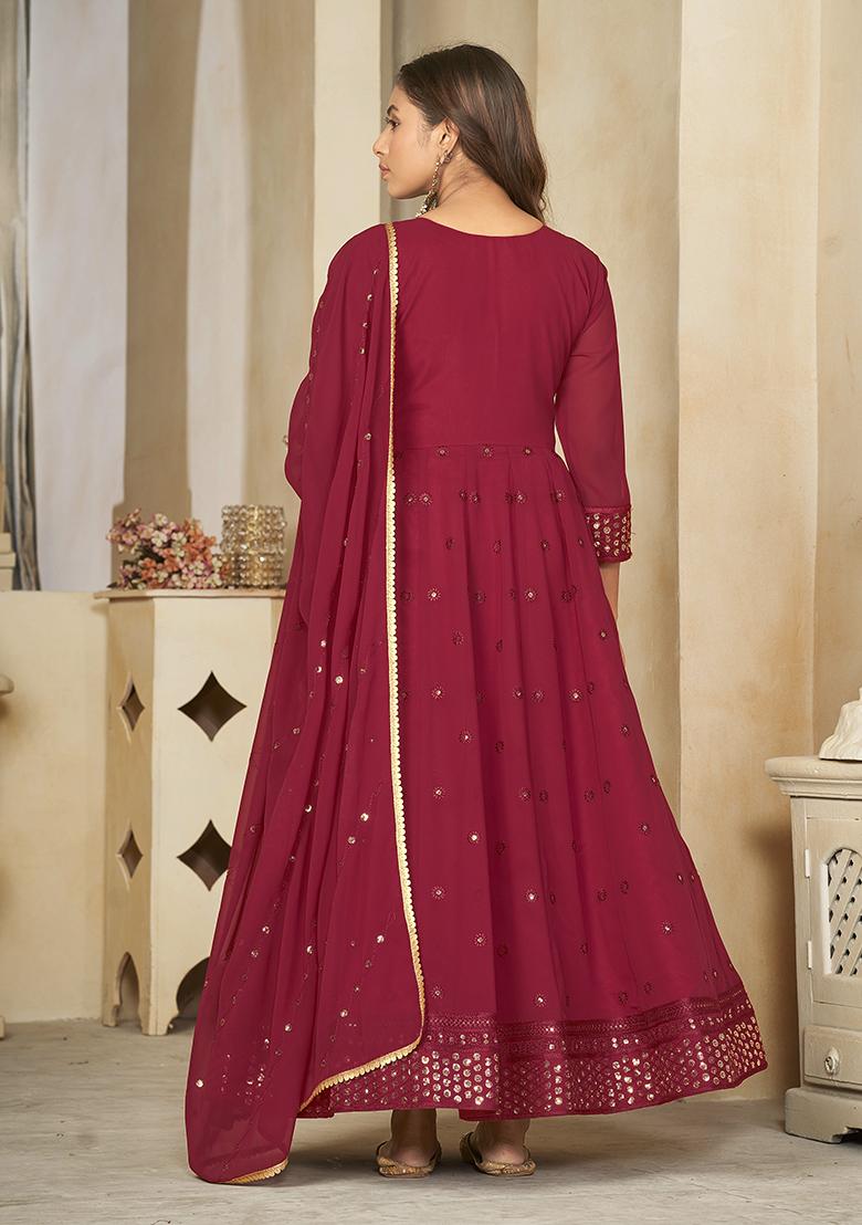 Maroon Embroidered Georgette Anarkali Kurta Set