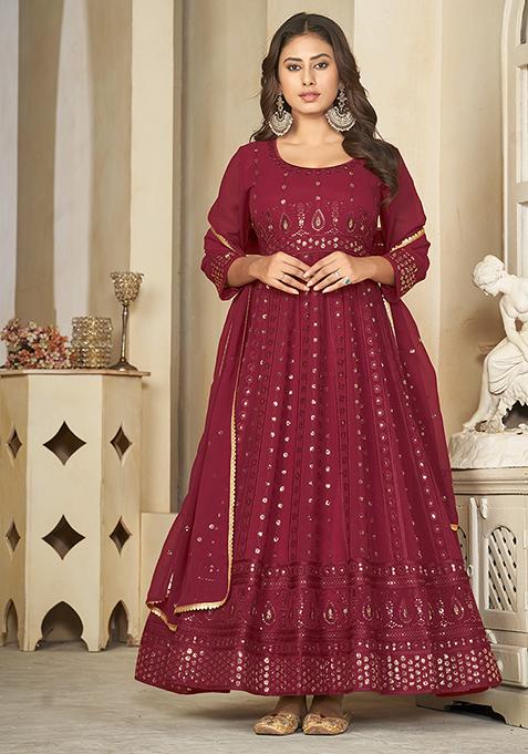 Maroon Embroidered Georgette Anarkali Kurta Set