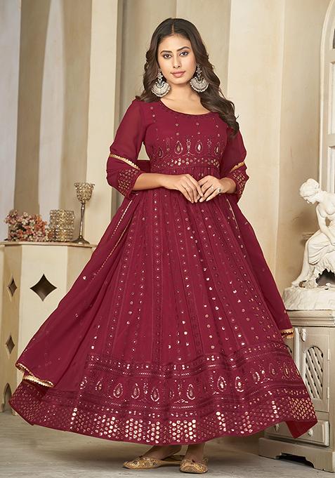 Maroon Embroidered Georgette Anarkali Kurta Set
